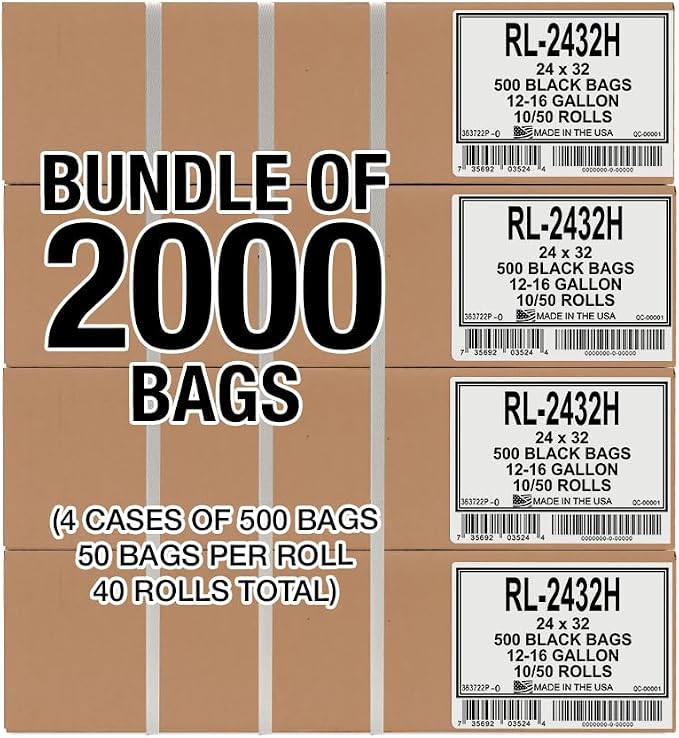 Aluf Plastics T-Tough Roll Pack Low Density Repro Blend Star Seal Coreless Rolls Bag, 12-16 Gallon 1.0 Mil, 32" Length x 24" Width, H Strength, Black (Pack of 2000)