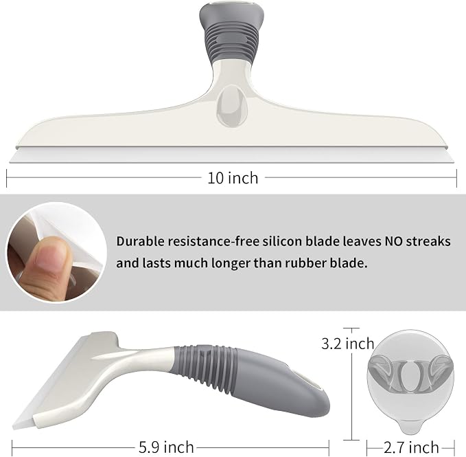 MR.SIGA Silicone Squeegee for Shower Doors, 10 inch, White & Gray, 2 Pack | Shower squeegee for glass doors, streak free squeegee for windows, showers and glass surfaces, includes suction hook