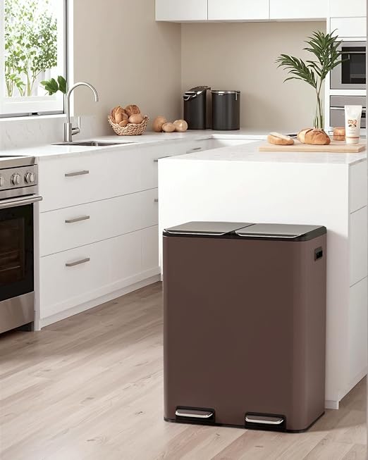 TLSUNNY 2 X 8 Gallon Double Compartments Kitchen Trash Can, Stainless Steel | Dual Trash and Recycling Bins with Odor Control, Soft-Close Lid, Removable Inner Bucket, Handle, Pedal, for Home, Brown