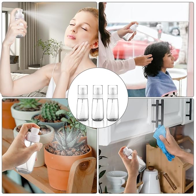 Fine Mist Spray Bottle TSA Approved 3.4oz 100ml 3 Pack Empty Cosmetic Refillable Travel Containers Plastic Spray Bottle for Perfume Essential Oils Toners Rose Water Cosmetics (3Clear)