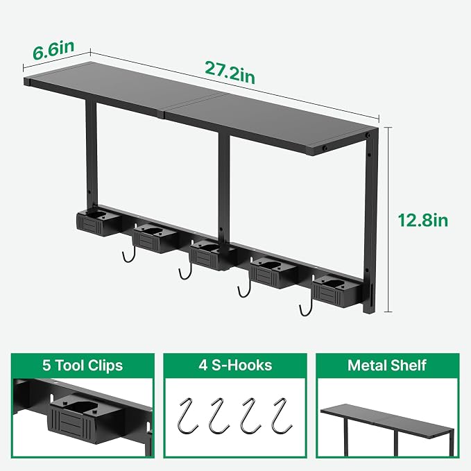 CCCEI Broom and Mop Wall Mount with Shelf, Laundry Room Cleaning Tools Organization Hanging Rack with Hooks, Bathroom, Garage, Garden Organizers and Storage. All Metal, Black, 1 Pack.