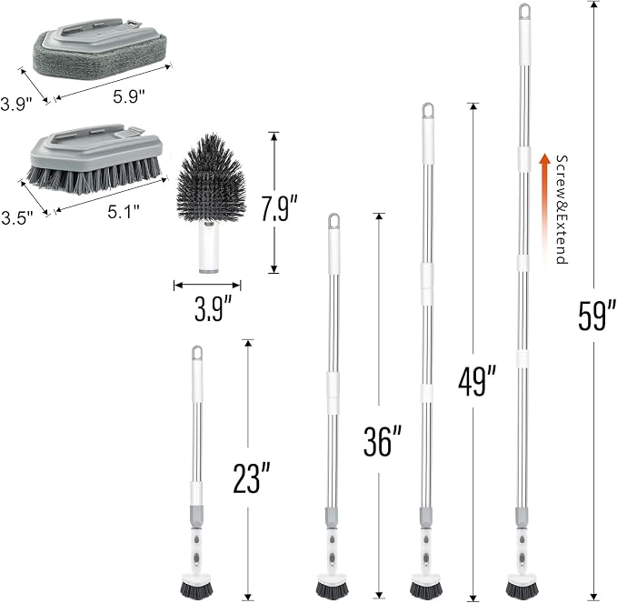 Tile Tub Scrubber Brush with 4 Cleaning Heads,59" Long Handle Stiff Bristles Scrub Brush with Extendable Pole, Rotatable Detachable Scrub Brush for Shower,Tile, Tub,Bathroom,Walls,Sink