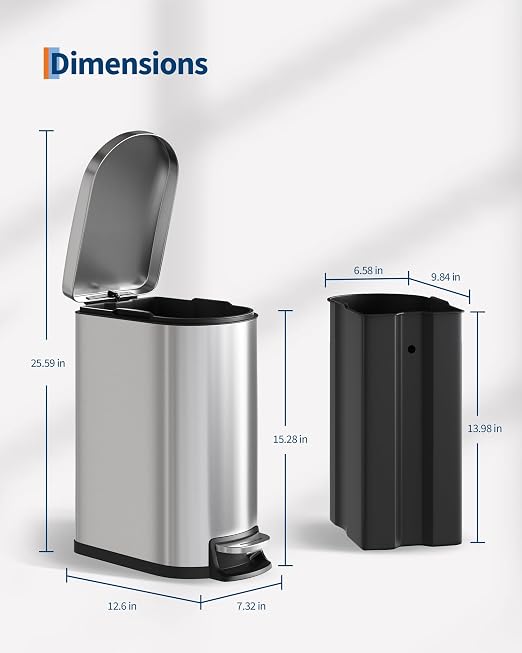 GarveeHome 2.6 Gallon Bathroom Trash Can, Space-Saving Slim Stainless Steel Step-On Garbage Bin with Soft Close Lid, Removable Inner Bucket for Bathroom & Bedroom, Silver