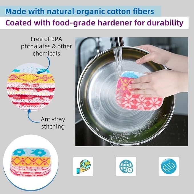 Amarelle GEN II Dish Washing Scrubbers (5-Pack) 2-in-1, Made in Green Kitchen Scrubbers for Dishes, Non Scratch Pot & Pan Scrubber, Dual-Sided Heavy-Duty Scouring Pads, Reusable (Nordic Folk)