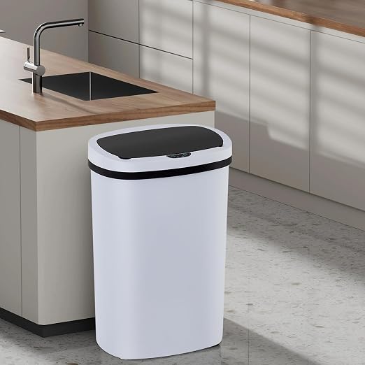 BLKMTY 13-Gallon Kitchen Trash Can, 50L Plastic Garbage Can, Automatic Touch Free Garbage Bin, Motion Sensor Trash Can with Lid, Tall Waste Bin for Home Office Bathroom Touchless, White