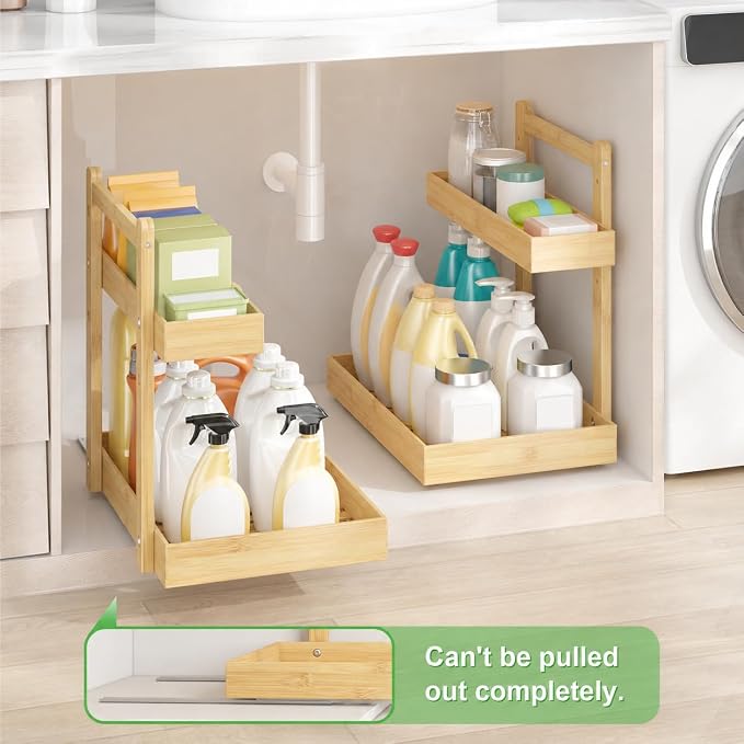 Bamboo Under Sink Organizer 2 Pack, 2-Tier Pull Out Cabinet Organizer | Kitchen Sink Organizer | Bathroom Cabinet Organizer | Cleaning Supply Storage | L-Shape | 3-Level Adjustable | Natural Bamboo