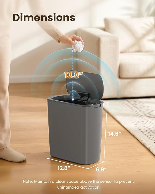 Cesun 5 Gallon Automatic Bathroom Trash Can with Lid, Grey, Touchless | Motion Sensor, Slim, Small Smart Garbage Bin, Plastic, Battery Operated, Manual Button, for Office/RV/Bedroom/Living Room