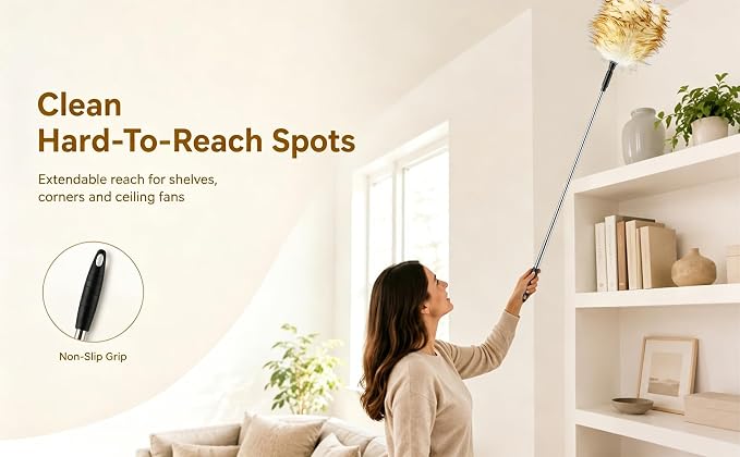 Lambswool Extendable Cleaning Duster 26-54 Inch, Stainless Steel Pole, Soft Non-Slip Handle, Washable & Reusable for High Ceiling Fans, Blinds, Furniture - Yellow & White
