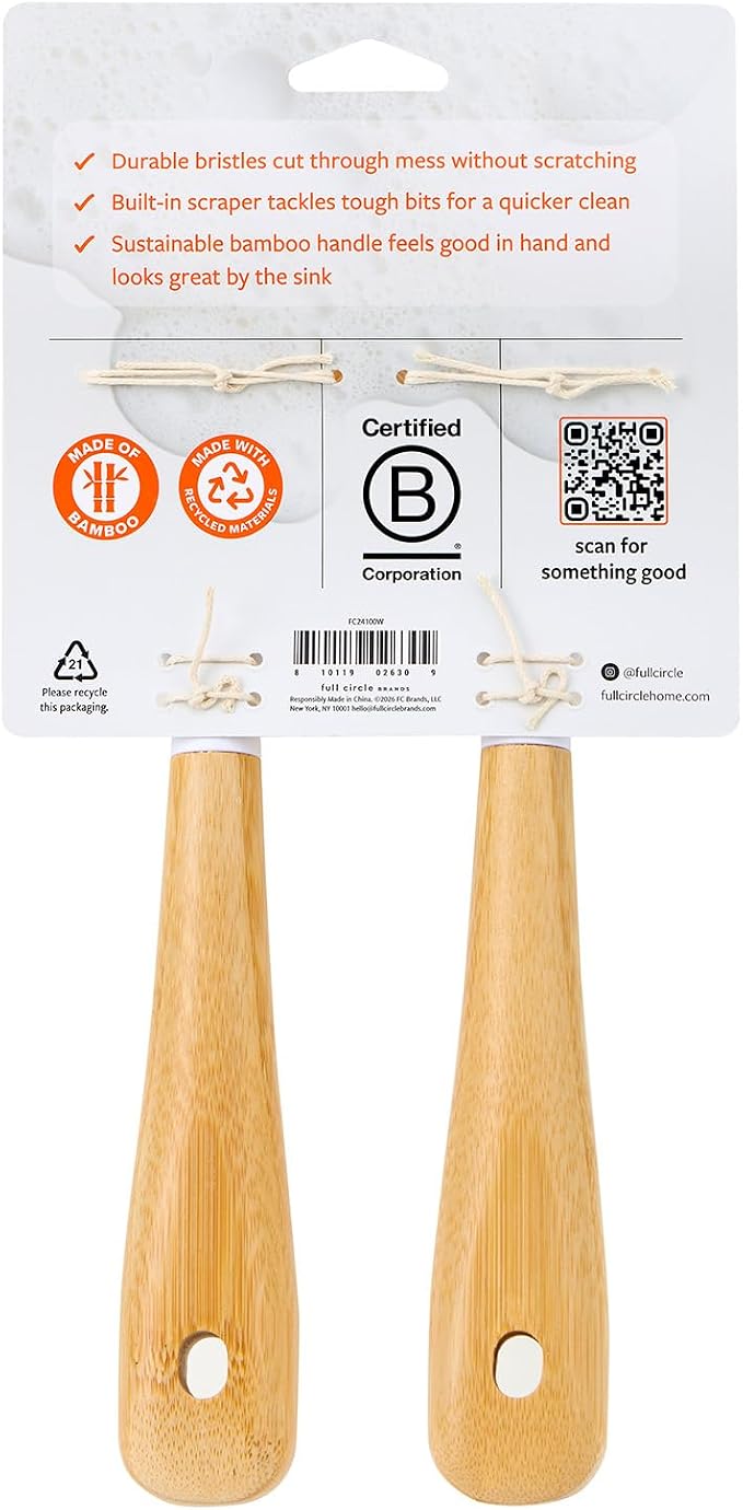 Full Circle Daily Dish Brush, Bamboo Handle Dish Brush for Kitchen | A sustainable, natural scrubber with tough bristles—cuts through grease on nonstick pans & cast iron.