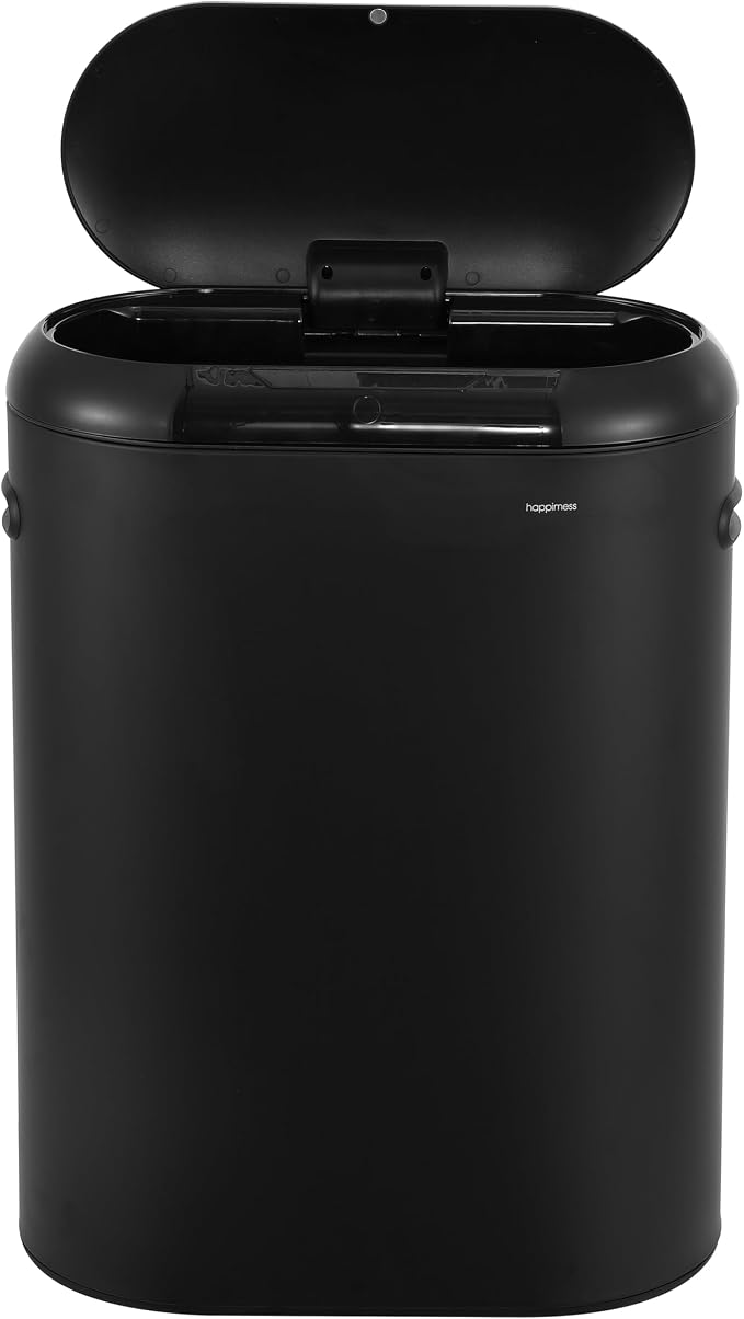 happimess 13.2 Gal Oval Motion Sensor Trash Can, Charcoal Black | Oval, Motion Sensor, Touch Mode, Soft Close Lid, Powder Coated Iron, Side Handles, 17.7" W x 9.84" D x 24.2" H