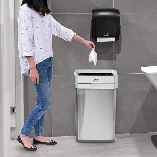 Clorox Slim Open Top Stainless Steel Trash Can, Silver, 13 Gallon / 50L | Narrrow Rectangular Garbage Bin with Hinged Rim Protection for Commercial Spaces, Kitchen, and Office Use