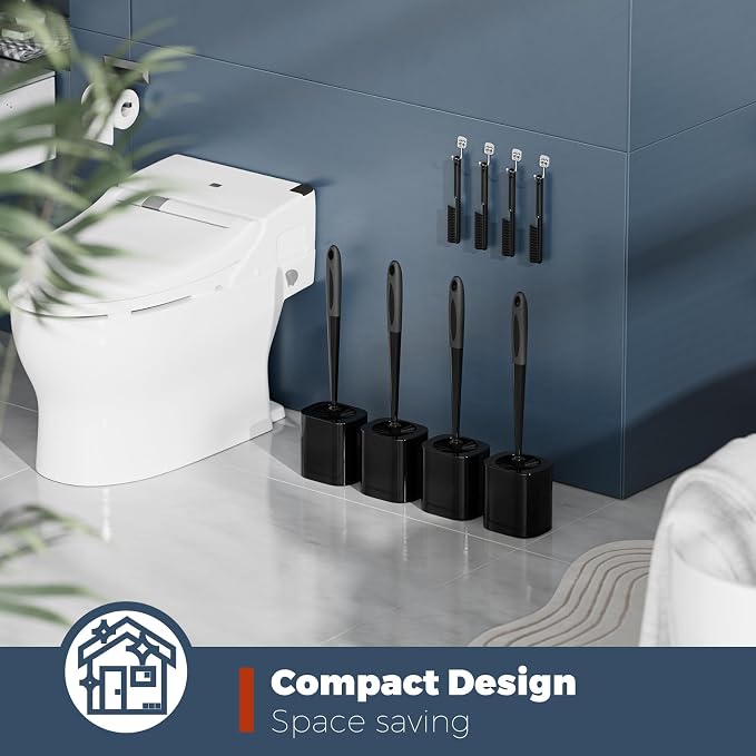 Holaloha Toilet Brush and Holder Set, Space Saving, 4 Pack, Black | Bathroom Accessories, Ergonomic Silicone Handle, Dense Bristles, Deep Cleaning, with 4 Crevice Brushes, Compact Design