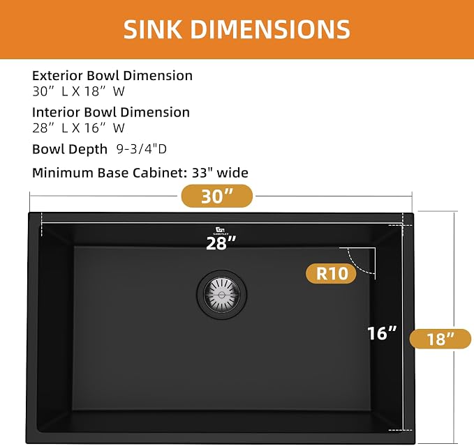 30-inch Granite Composite Kitchen Sink, GABETLET Undermount Quartz Kitchen Sinks with Spacious Workspace and Easy Cleaning, Black Single Bowl Deep Sink with Complete Accessories