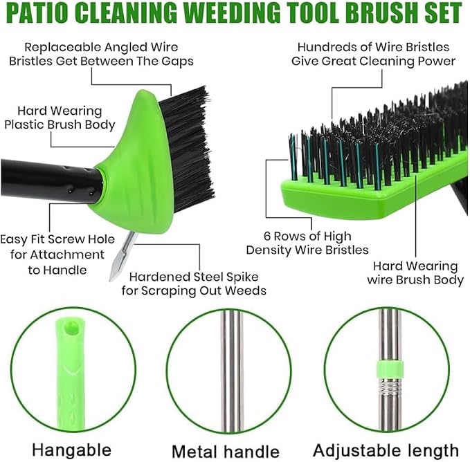 Saker 3 in 1 Weeding Wire Metal Brush Tools,3-in-1 Long Handle Surface Cleaning Brush, Steel Bristle Scrub Tool for Patio, Paving, & Pool Areas (1 Set)