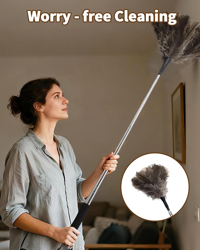 Ostrich Feather Duster, 18-48 Inch Extendable Feather Duster with Natural Fluffy Ostrich Feathers, Dusters for Cleaning Ceiling Fans, Blinds, High Ceilings, Furniture, Cars, Washable & Reusable