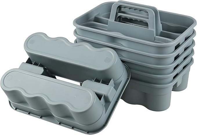 Cleaning Caddy Organizer with Handle, 6-Pack Caddy Basket | Portable All-Purpose Basket for Cleaning Supplies, Shower, and Laundry, Grey, Plastic, Stackable, Easy-Carry Grip