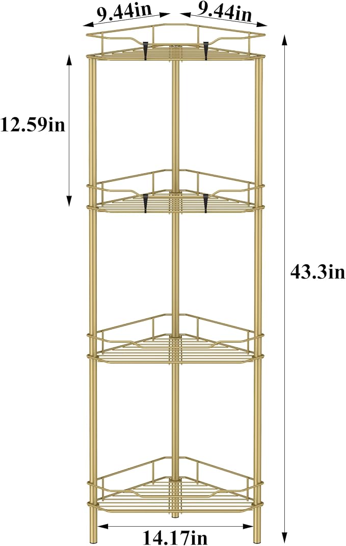 HuggieGems Metal Floor Standing Corner Shower Caddy, Gold, 4 Tier | Adhesive Bathroom Organizer Shelves, Free Standing Shower Rack with Hooks, Hold Large Shampoo Bottles