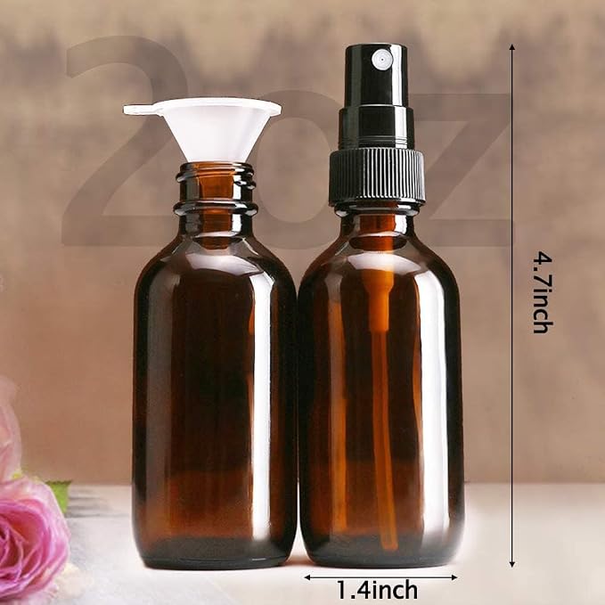 Spray Bottle, 2 oz Fine Mist Glass Spray Bottle, Little Refillable Liquid Containers for Watering Flowers Cleaning (12 Pack, Amber)