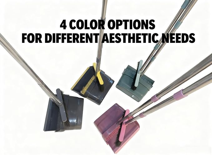 Broom and Dustpan Set with Long Handle - Upright Dustpan & 3 Rows Dense Bristles, Ideal for Home, Office, Kitchen, Lobby, Shop, All-Purpose Indoor & Outdoor Sweeping,Gray&Yellow