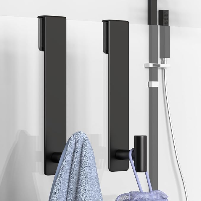 PMMASTO 10 Inch Shower Hooks for 3/8 Inch Glass, Black- T Shape | Stainless Steel Hooks Organize Towels And Robes on Frameless Glass Shower Doors in Bathrooms