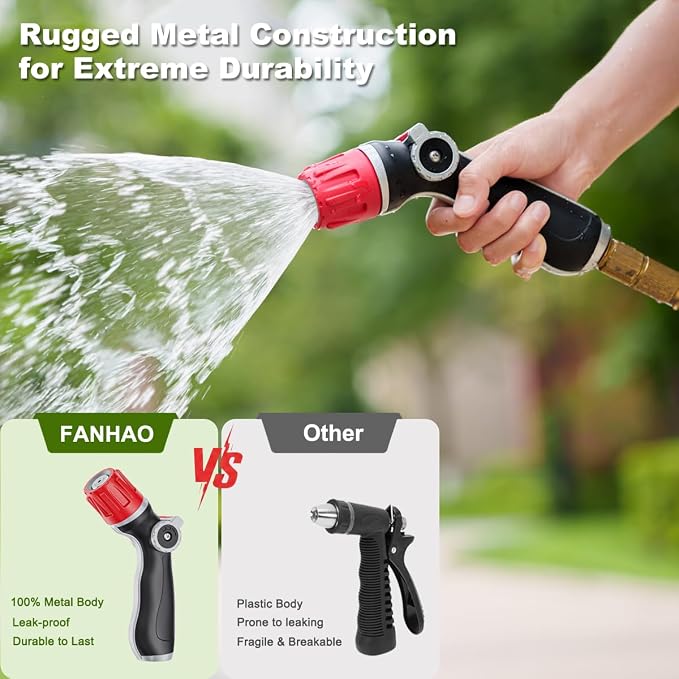FANHAO Upgraded Metal Garden Hose Nozzle Heavy Duty, 30% Higher Water Flow | High Pressure Water Nozzle, Adjustable Spray Patterns for Lawn Watering, Car Washing, Cleaning
