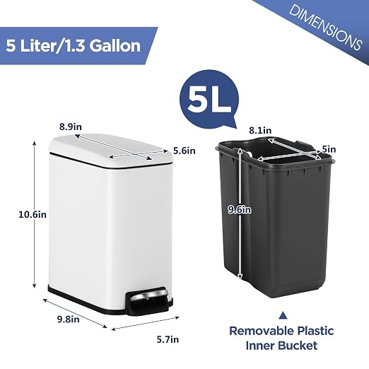 1.3 Gallon Small Kitchen Trash Can, Stainless Steel, Removable Plastic Inner Bucket, Foot Pedal, for Bathroom,(2 Set)