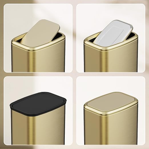 8L/2.1 Gallon Small Bathroom Trash Can with Lid, Swing-Top Rectangular Waste Bin, Stainless Steel Garbage Can for Home, Office, Toilet, Bedroom, Living-Room (Gold)