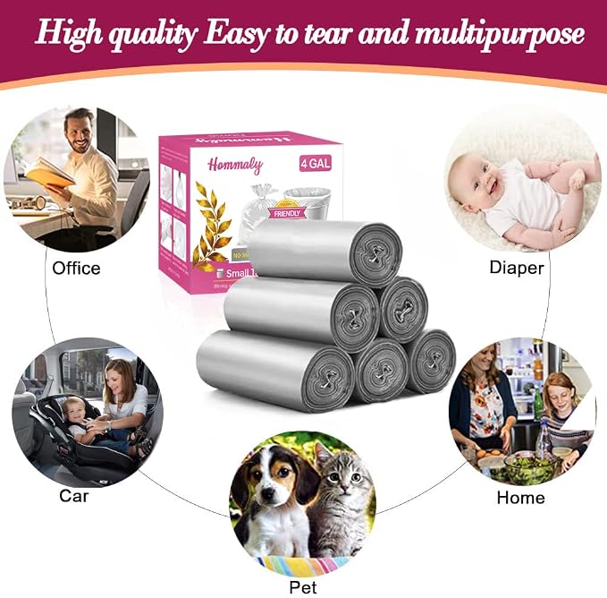 4 Gallon 180pcs Small Silver Grey Trash Bags Strong Garbage Bags, Bathroom Trash Can Bin Liners, Plastic Bags for Office, Waste Basket Liner, Fit 12-15 Liter, 3.5,4,4.5 Gal(Silver Grey 180)
