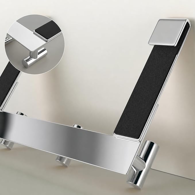 PMMASTO 3-Hook Shower Door Rack, Polished Silver, Fits 3/8-Inch Glass | Extra-Long Heavy-Duty Stainless Steel, No-Drill Design, 3 T-Shaped Hooks for Bathrobes and Towels on Frameless Shower Doors