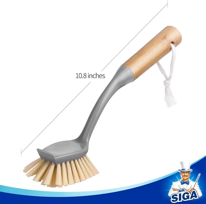 MR.SIGA Dish Brush with Bamboo Handle Built in Scraper, Pack of 2 | Scrub brush for dishes, pans, pots, kitchen sinks cleaning, dish scrubber with handle, safe for non stick cookware