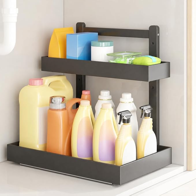 Bamboo Under Sink Organizer 2 Pack, 2-Tier Pull Out Cabinet Organizer | Kitchen Sink Organizer | Bathroom Cabinet Organizer | Cleaning Supply Storage | L-Shape | 3-Level Adjustable | Natural Bamboo