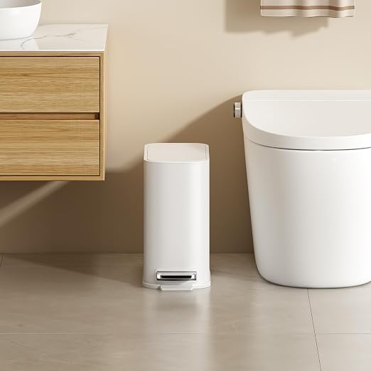 TIPGO Small Bathroom Trash Can with Lid Soft Close,1.3 Gallon, White | Step Pedal, Removable Inner Bucket, 5 Liter Slim Stainless Steel Garbage Can for Bedroom, Office, Kitchen