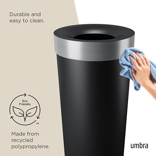 Umbra Vento Kitchen Trash Can, Open Top Bin, 16.5 Gallon, Black/Nickel | Brushed metal accents, bag concealing design, easy wipe clean, fits home and office, durable plastic