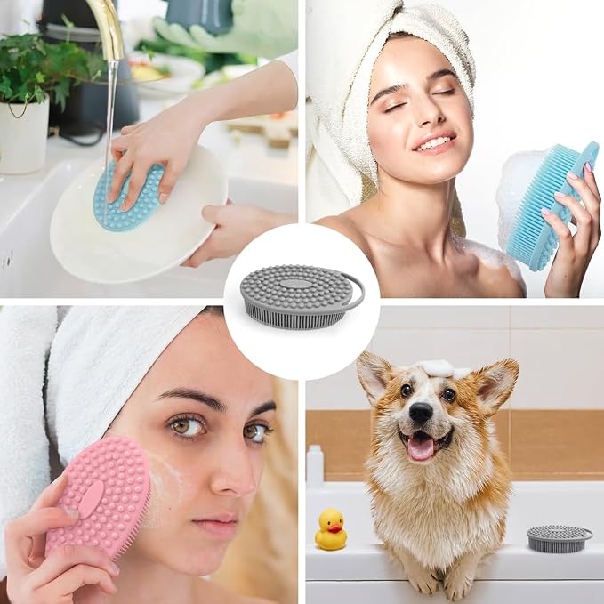 PQRUU 3 Pack Silicone Body Scrubbers for Use in Shower, Exfoliating Body Scrubber Fit for All Kinds of Skin, Soft Silicone Loofah for Women Men,Bath Scrubbers Rapid Foaming,Black,Blue,Gray