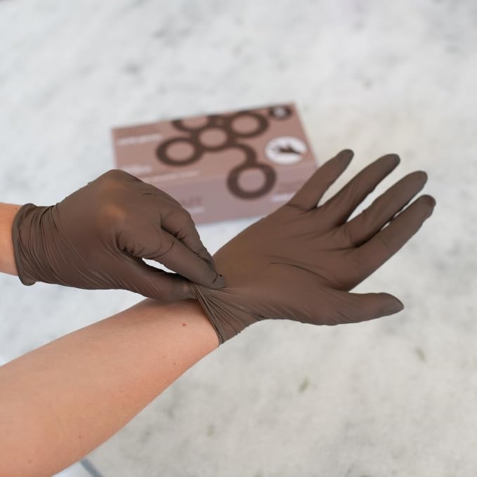 FRAMAR Mocha Mittens Nitrile Gloves, Latex Free Disposable Gloves Small 100 | Powder Free 9-Inch Brown Gloves With Snug Small Fit, Micro-Textured Grip For Hairstylists, Nail techs, Estheticians & Tattoo