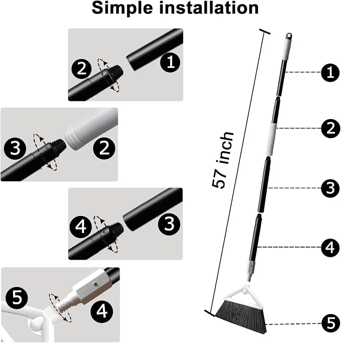 Heavy Duty White Angle Broom with Long Handle - 4 Pack | Versatile Indoor/Outdoor Sweeping, for Courtyard/Garage/Sidewalk/Kitchen/Lobby/Canteen, Durable & Efficient