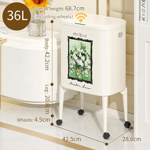 MRBIN Metal Motion Sensor Kitchen Trash Can with Wheel Legs, Slim Waste Basket with Lid, 36L / 9.5gal Pet Proof Tall Narrow Garbage Pail for Vanity, Bathroom, Bedroom, Living Room, White Rose
