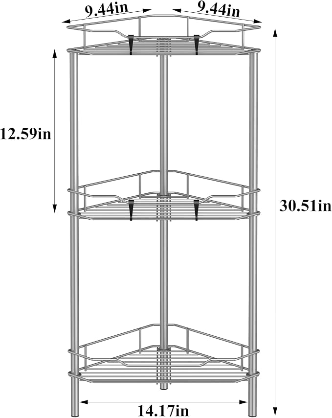 HuggieGems Metal Floor Standing Corner Shower Caddy, Gray, 3 Tier | Adhesive Bathroom Organizer Shelves, Free Standing Shower Rack with Hooks, Hold Large Shampoo Bottles