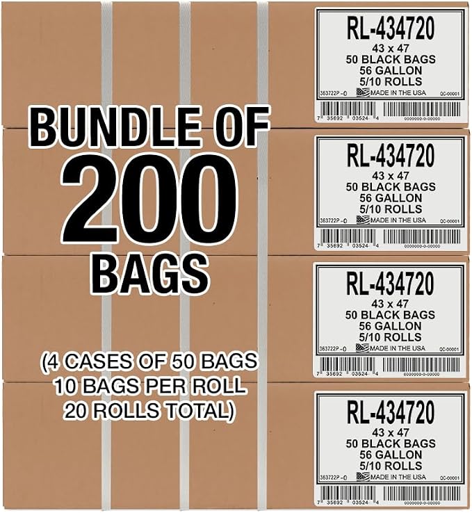 Aluf Plastics 56 Gallon Trash Bags (2 MIL - Pack of 200) 43" x 47" - Large Heavy Duty Can Liners - Plastic Black Garbage Bags for Lawn, Leaf, Contractor, Yard, Outdoor use