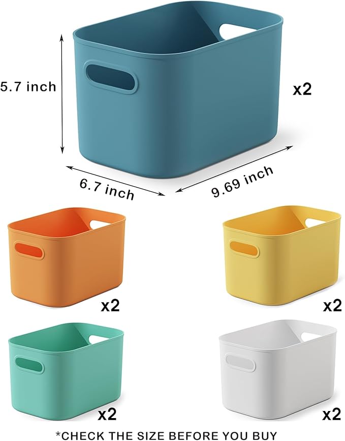 ORGIDOL 10 Pack Colorful Plastic Storage Bins, Storage Container for Organizing, Colored Storage Boxes with Handle for Shelves, Cute Organizer Bins for Craft, Snacks, Cabinet, 9.69x6.7x5.7 inch