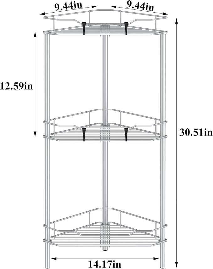 HuggieGems Metal Floor Standing Corner Shower Caddy, Silver, 3 Tier | Adhesive Bathroom Organizer Shelves, Free Standing Shower Rack with Hooks, Hold Large Shampoo Bottles