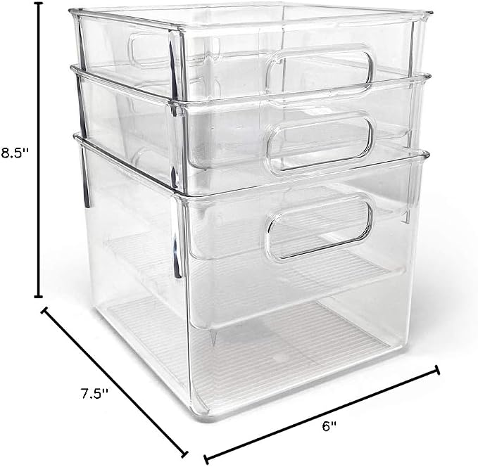 Isaac Jacobs 3-Pack Medium Clear Storage Bins with Handles | Plastic Organizer for Home, Room, Office, Fridge, Kitchen/Pantry Non-Slip Container Set, Food Safe, BPA Free (3-Pack, Medium)