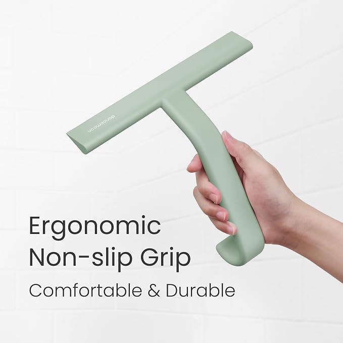 JustHang Shower Squeegee with Built-in Hook, 10'' Matte Green | Award-Winning Design, All-One-Piece Soft-Touch Silicone, for Glass Door, Bathroom, Window, Mirror, Tile Wall, Car