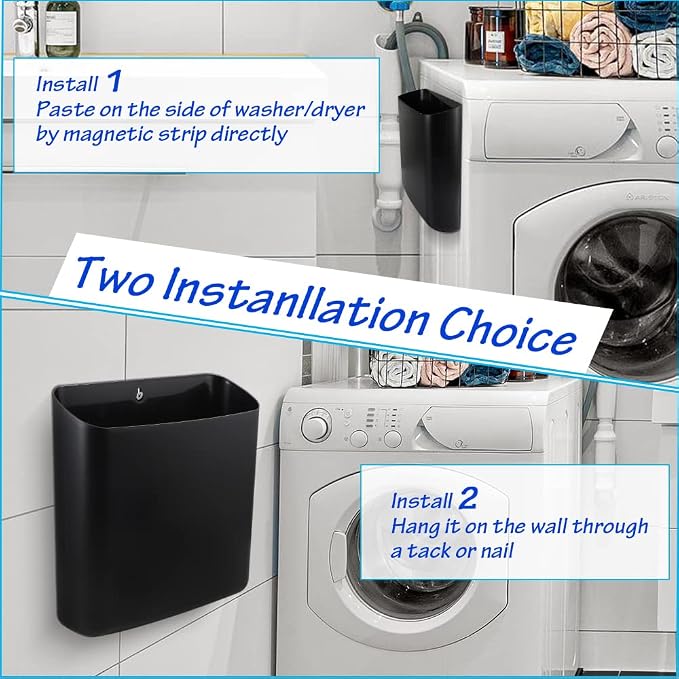 Picowe Magnetic Laundry Storage, Large Lint Holder Bin for Laundry Room, Space-Saving Trash Container Hanging on Dryer, Washer or Wall Mount Trash Bin (Black)