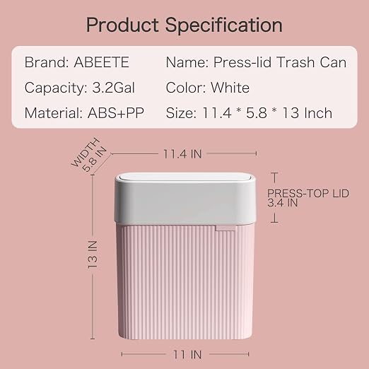 Bathroom Trash Can with Lid, 12L Small Plastic Garbage Can for Kitchen with Press Top Lid, 3.2 Gallon Slim Dog Proof Wastebasket Trash Bin for Office, Bedroom, Living Room, Home Cabinet-Pink