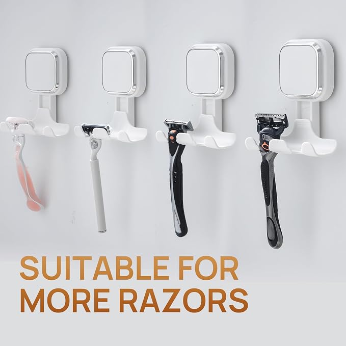 LEVERLOC 2 Pack Vacuum Suction Cup Razor Holder for Shower No Drill, White | Heavy Duty 11KG Shower Hooks for Towel, Loofah, Razor, Waterproof, Damage-Free Hanging Suction Cup, Easy to Install and Reuse