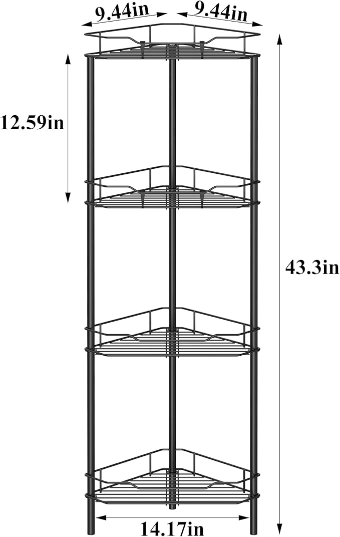 HuggieGems 4 Tier Floor Standing Corner Shower Caddy Organizer Shelf with Hooks, Bathroom Shelves Stand Rack, Black | Adhesive Bathroom Organizer Shelves, Free Standing Shower Rack with Hooks, Hold Large Shampoo Bottles