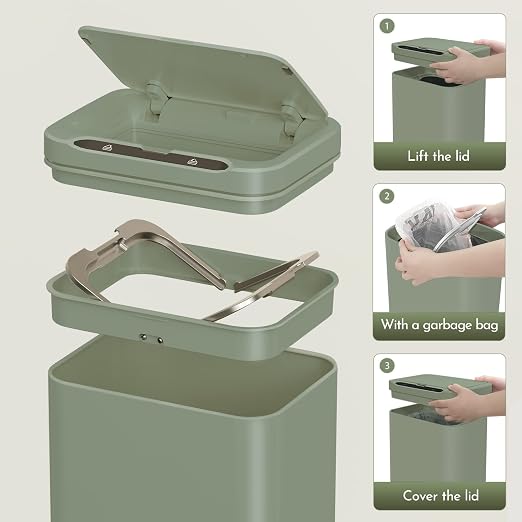 ELPHECO Stainless Steel Office Trash Can Avocado Green, 5.5 Gallon | Motion Sensor Garbage Can Touchless Smart Trash Can Automatic Waste Bin for Kitchen, Office, Bathroom
