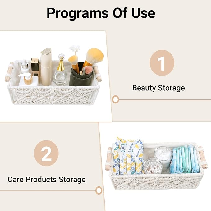 Nonam 2pc Macrame Storage Baskets, Boho Woven Boxes for Home, Weave White | Handcrafted macrame storage boxes. Stylish boho decor for shelves, toilet tank & cabinets. Durable, versatile & chic.