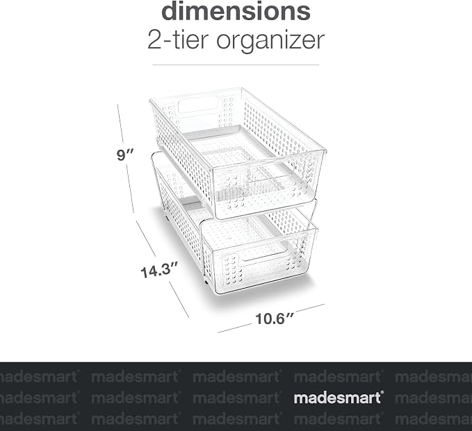 madesmart Premium Two Tier Organizer, Clear | pull out bins, adjustable dividers, tiered access, cleaning supplies, under sink use, pantry bottles, woman owned